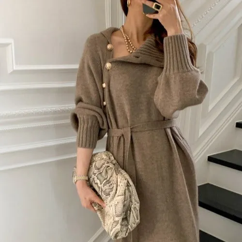 Knit High Collar Lace-up Puff Sleeve Sweater Midi Dresses