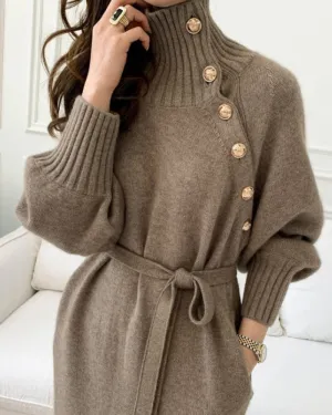 Knit High Collar Lace-up Puff Sleeve Sweater Midi Dresses