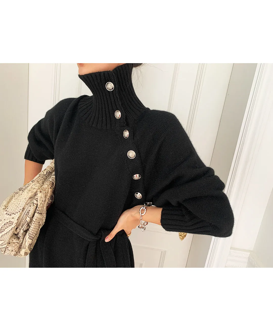 Knit High Collar Lace-up Puff Sleeve Sweater Midi Dresses