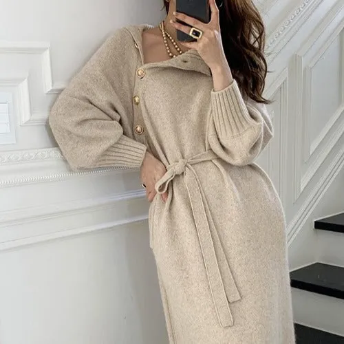 Knit High Collar Lace-up Puff Sleeve Sweater Midi Dresses