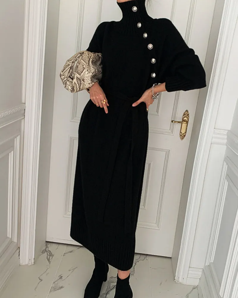Knit High Collar Lace-up Puff Sleeve Sweater Midi Dresses