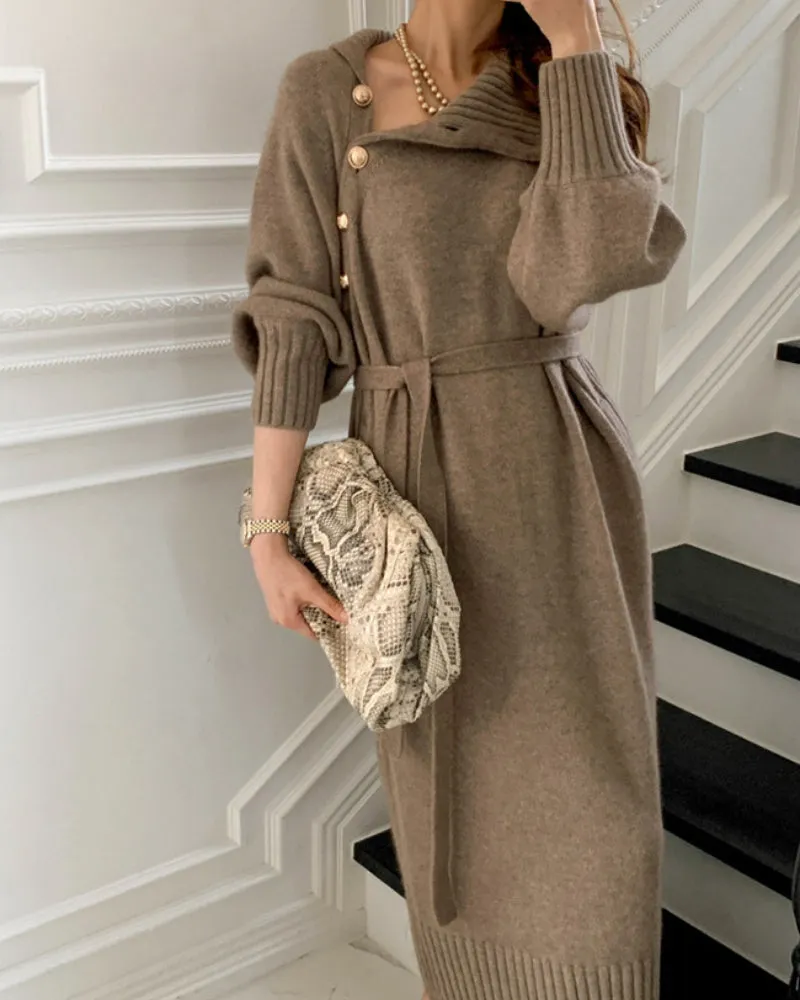 Knit High Collar Lace-up Puff Sleeve Sweater Midi Dresses