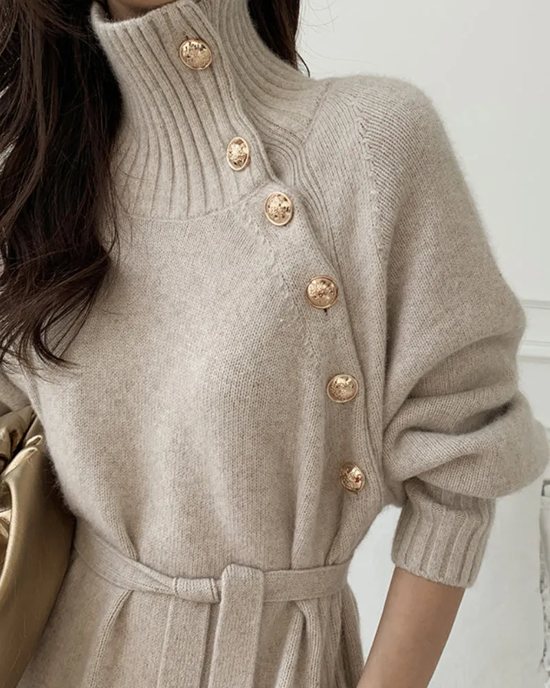 Knit High Collar Lace-up Puff Sleeve Sweater Midi Dresses