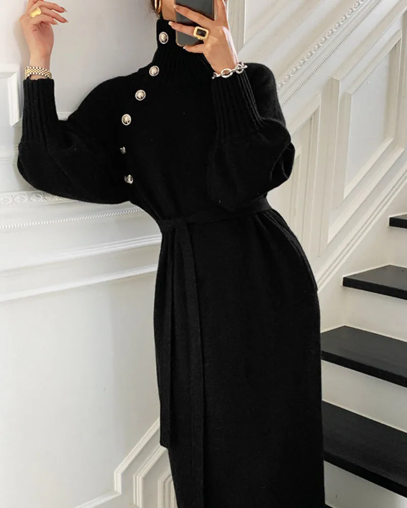 Knit High Collar Lace-up Puff Sleeve Sweater Midi Dresses