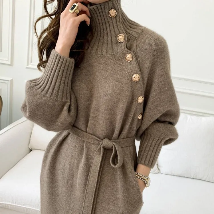 Knit High Collar Lace-up Puff Sleeve Sweater Midi Dresses