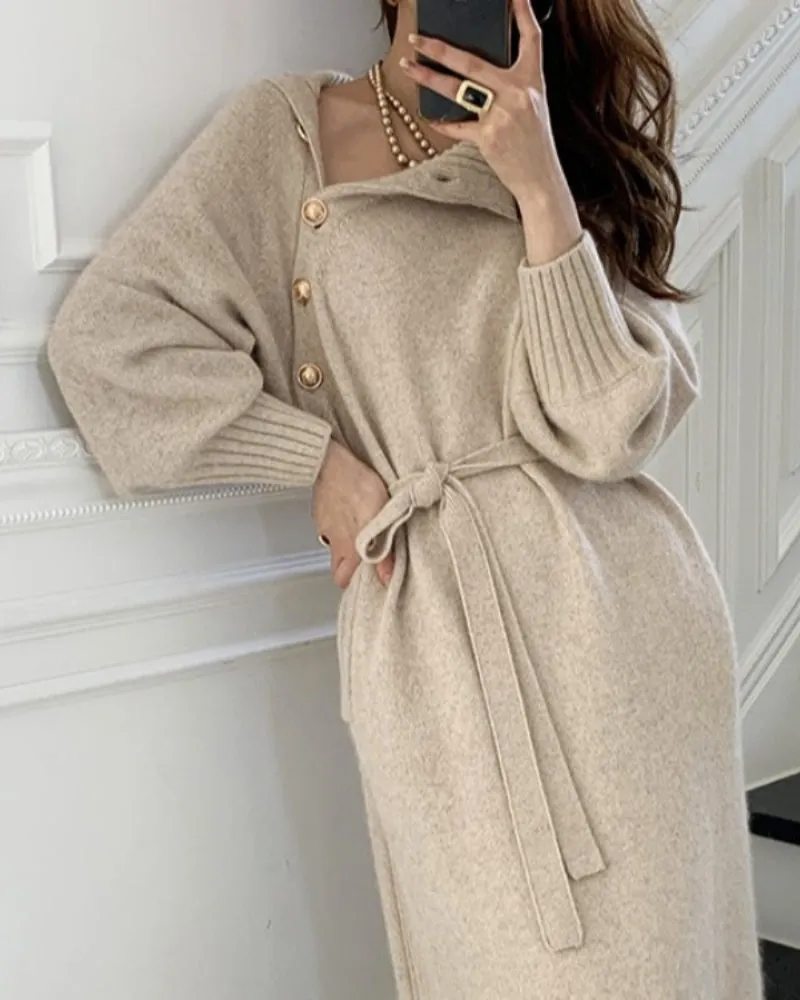 Knit High Collar Lace-up Puff Sleeve Sweater Midi Dresses