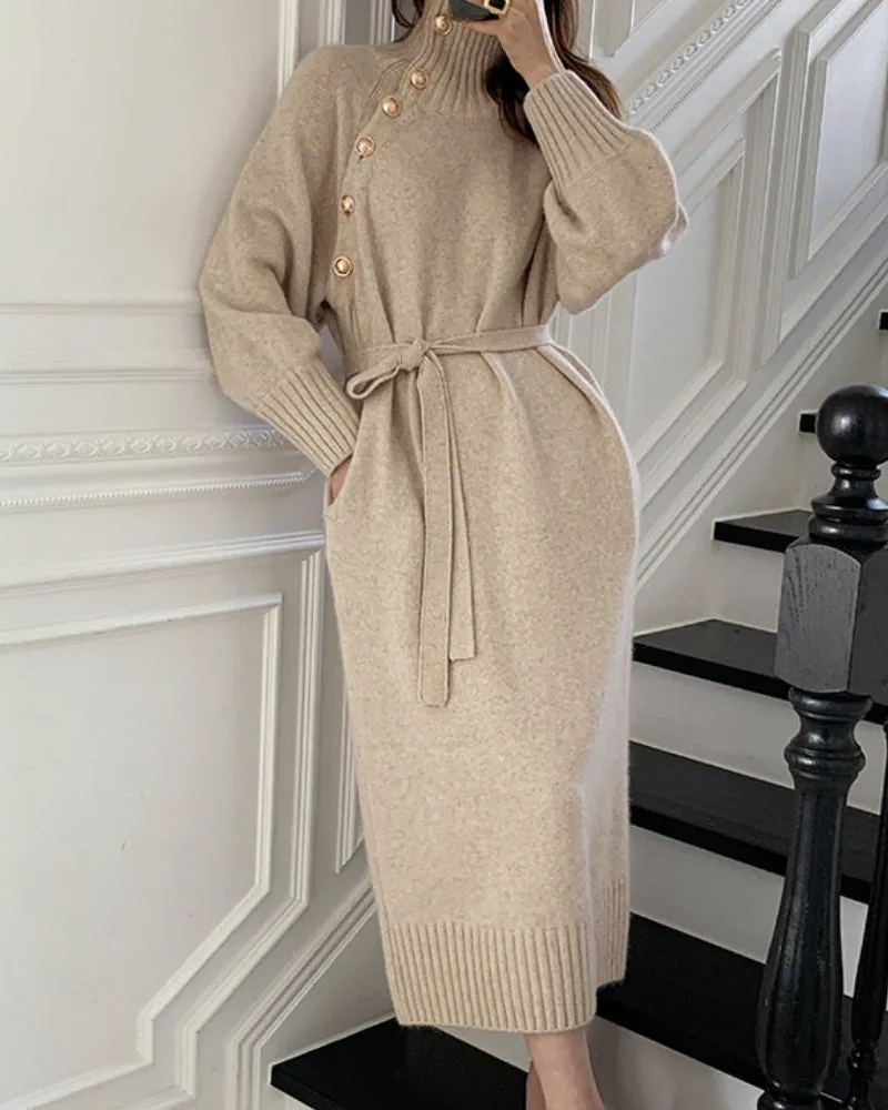 Knit High Collar Lace-up Puff Sleeve Sweater Midi Dresses