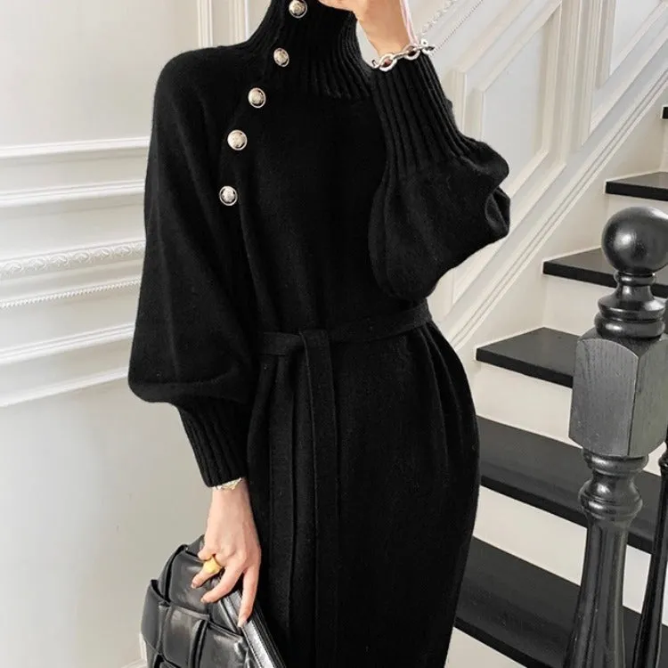 Knit High Collar Lace-up Puff Sleeve Sweater Midi Dresses