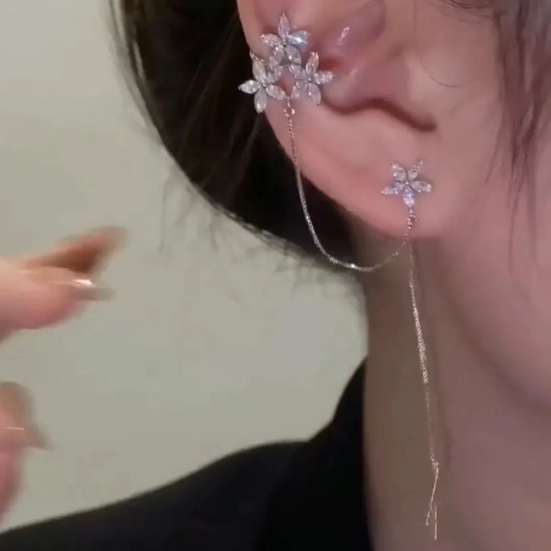 Korean Studded Three Flowers Ear Cuff 2 Pcs/Set