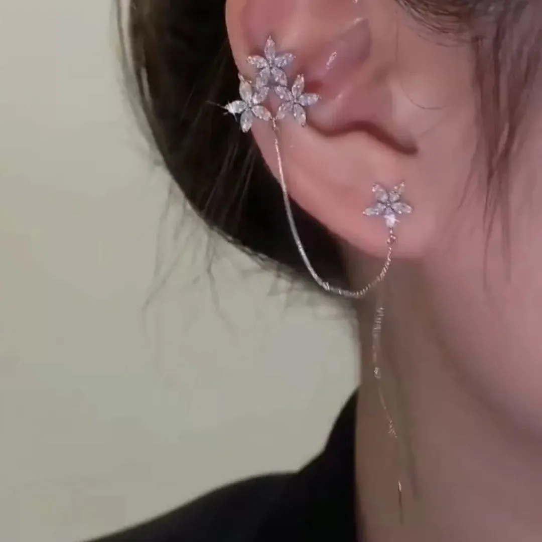 Korean Studded Three Flowers Ear Cuff 2 Pcs/Set