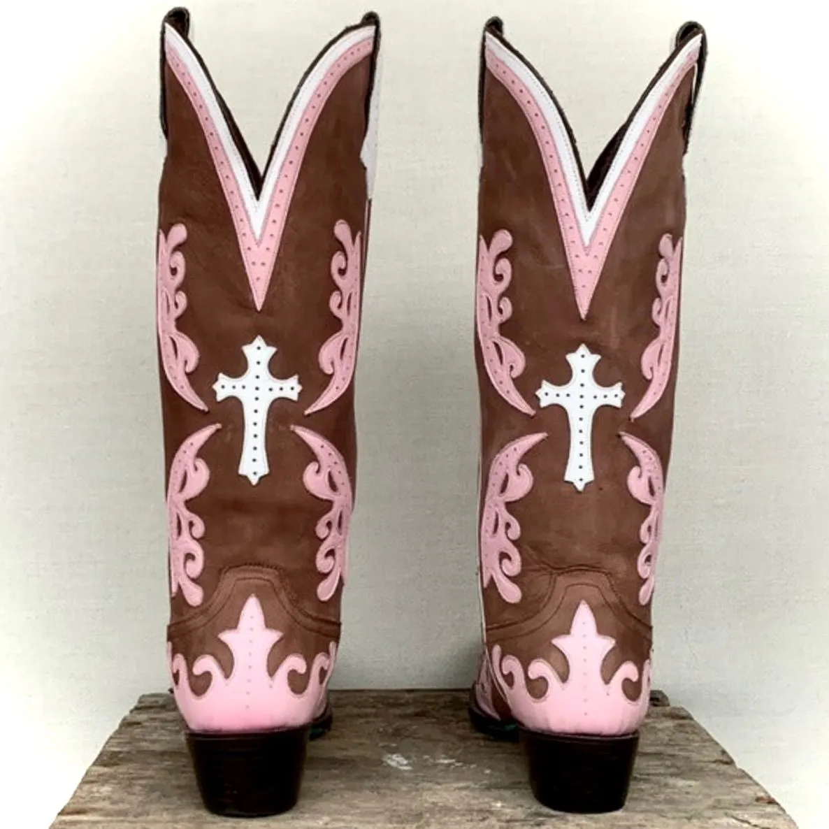 LANE Boots Grace Cross Tall Knee High Pink Brown Leather Cowgirl Western