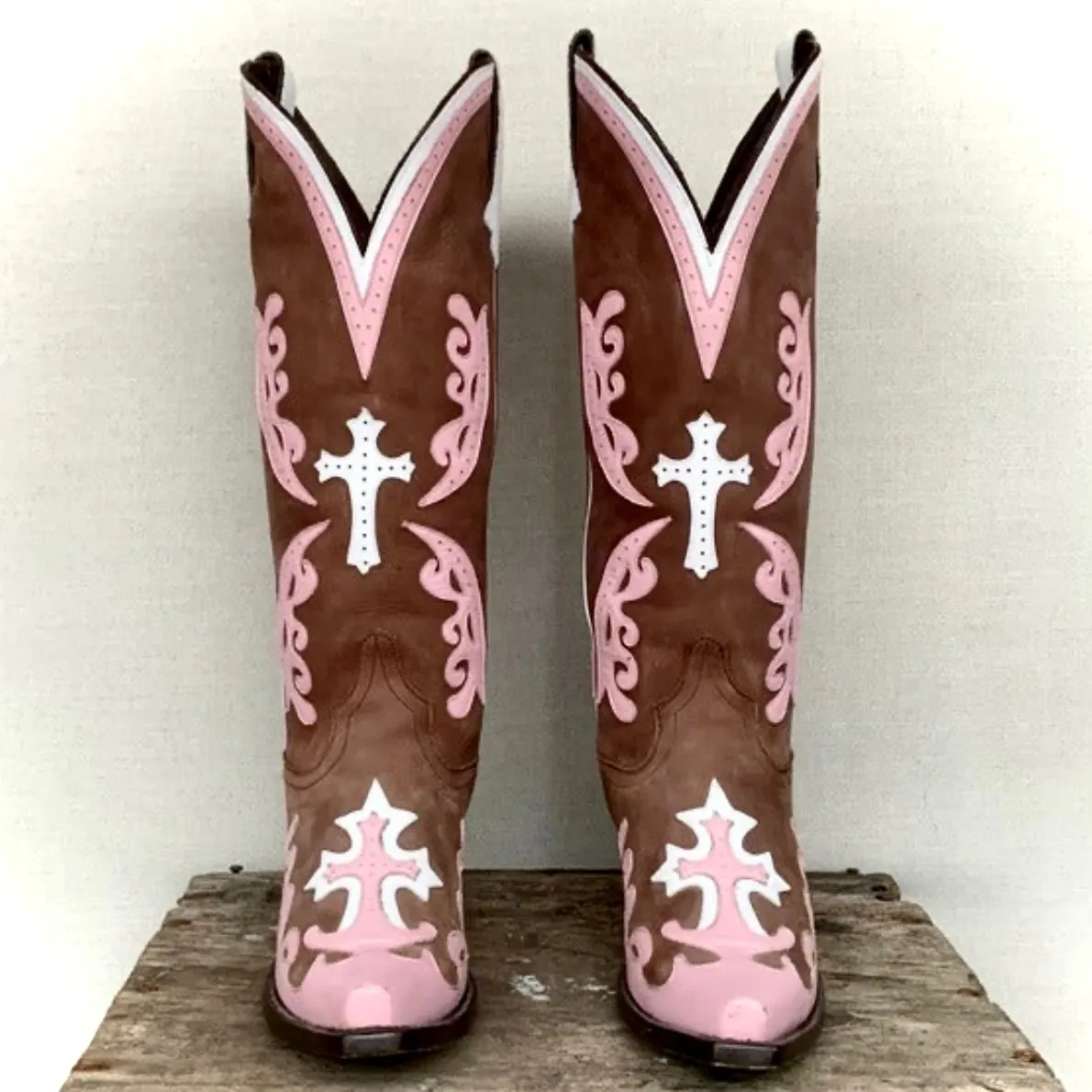 LANE Boots Grace Cross Tall Knee High Pink Brown Leather Cowgirl Western