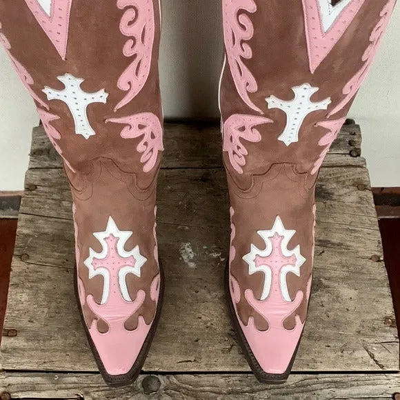LANE Boots Grace Cross Tall Knee High Pink Brown Leather Cowgirl Western
