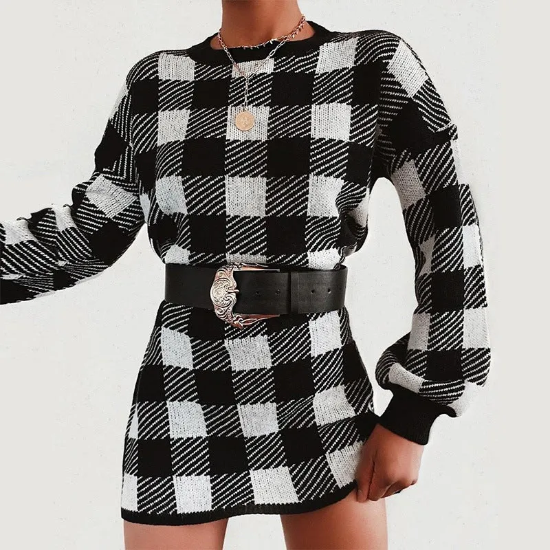Lantern Sleeve Houndstooth Contrast Mini Dresses