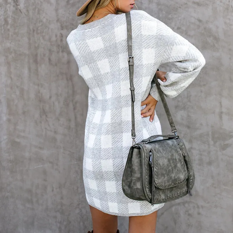 Lantern Sleeve Houndstooth Contrast Mini Dresses