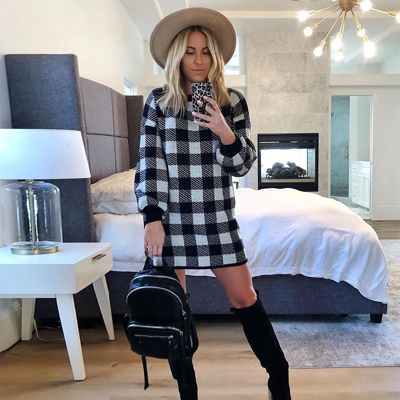 Lantern Sleeve Houndstooth Contrast Mini Dresses
