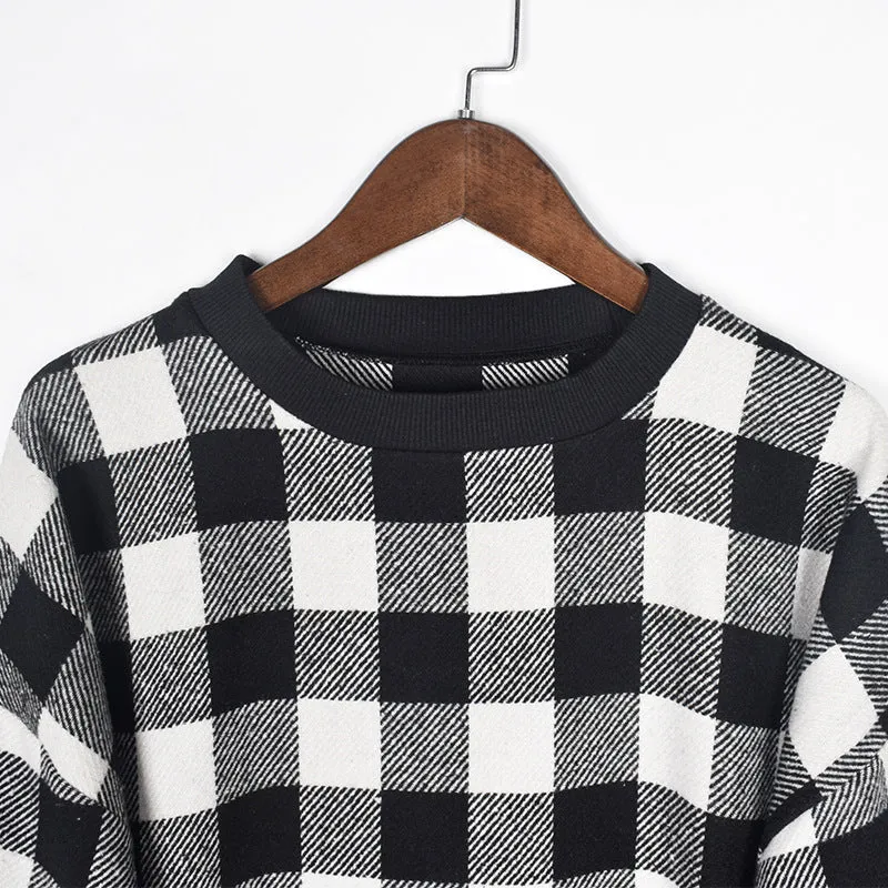 Lantern Sleeve Houndstooth Contrast Mini Dresses
