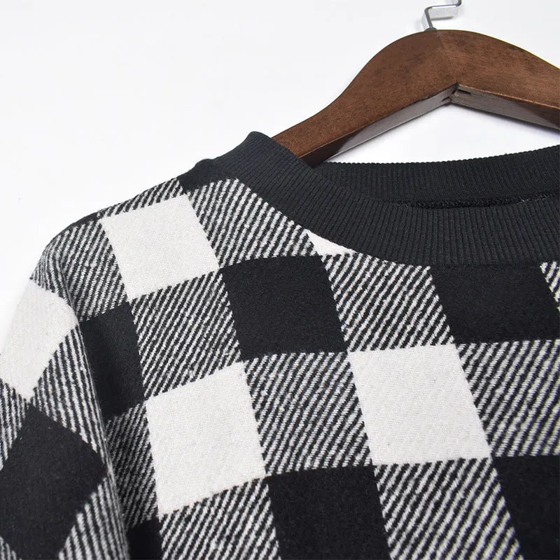 Lantern Sleeve Houndstooth Contrast Mini Dresses