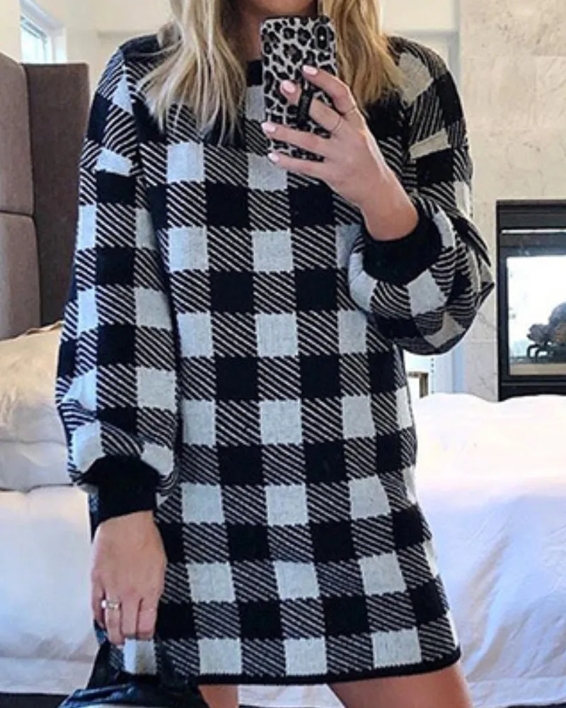 Lantern Sleeve Houndstooth Contrast Mini Dresses
