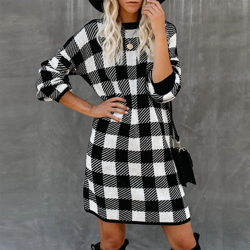 Lantern Sleeve Houndstooth Contrast Mini Dresses