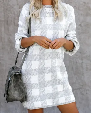 Lantern Sleeve Houndstooth Contrast Mini Dresses