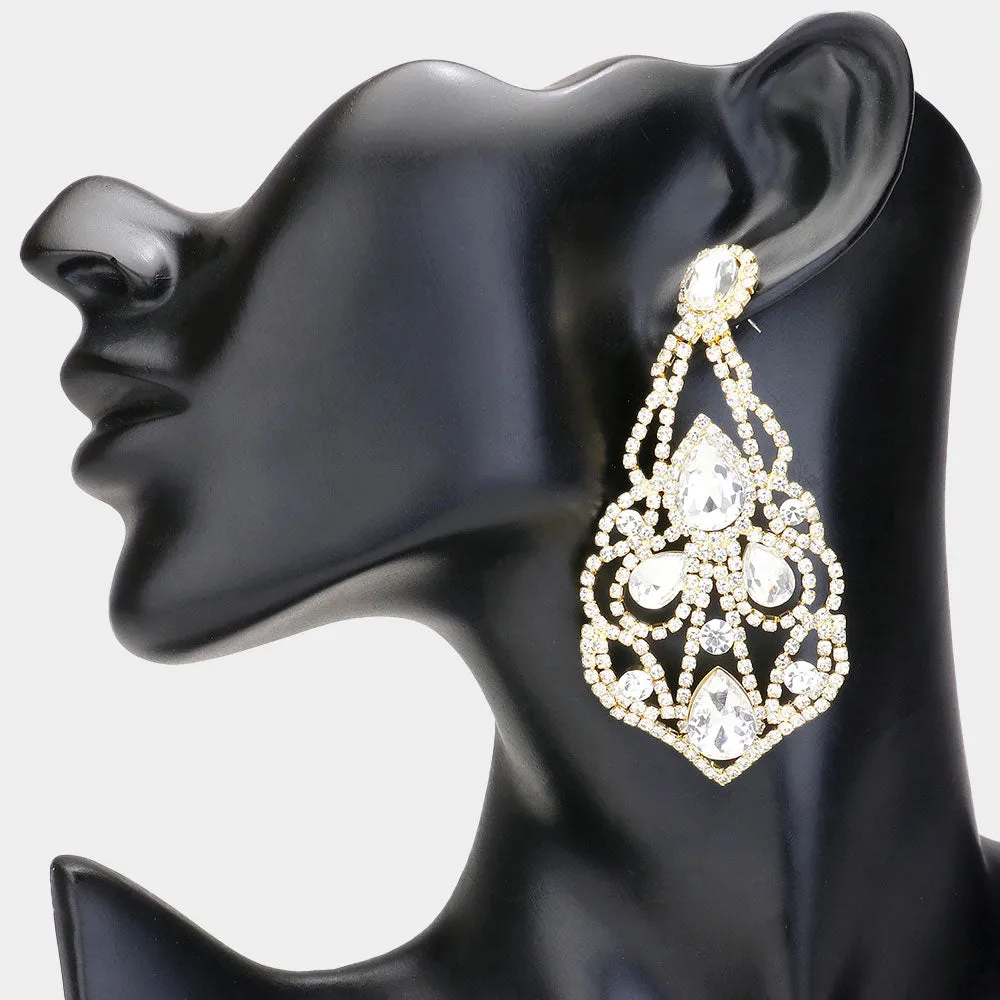 Large Crystal Teardrop Pointed Chandelier Statement Earrings on Gold | Pageant Earrings |  618866