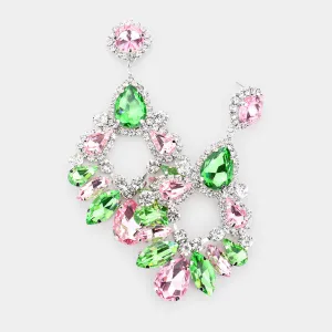 Large Pink & Green Crystal Teardrop Chandelier Earrings  | 537232