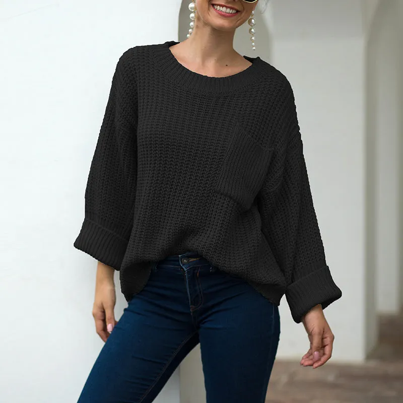 Large Pocket Sweater Thick Needle Pullover Loose Sweater
