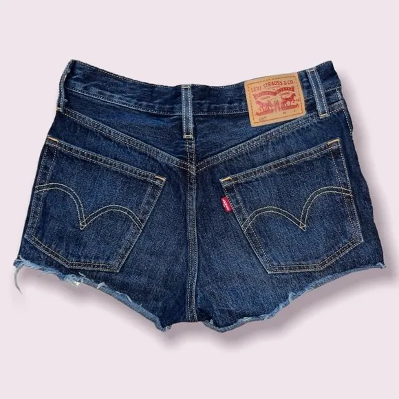 Levi’s 501 Jean Shorts High Rise Dark Wash Denim Raw Hem Classic Womens Size 24