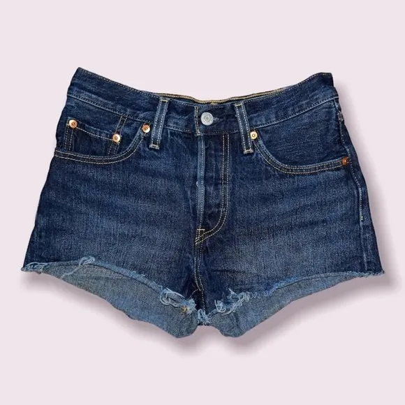 Levi’s 501 Jean Shorts High Rise Dark Wash Denim Raw Hem Classic Womens Size 24