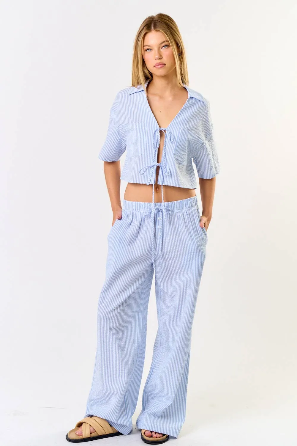 Light Blue Striped Wide Leg Pajama Pants
