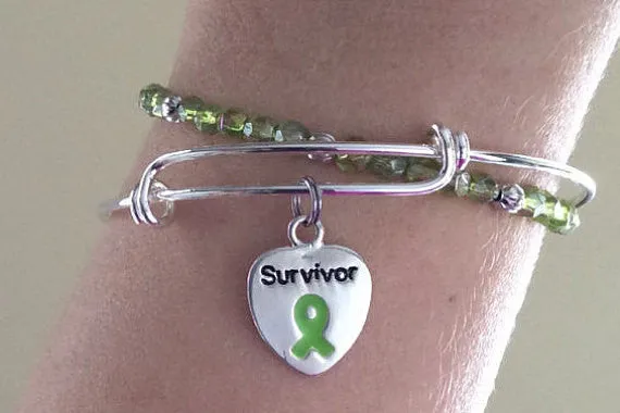 Lime Green Awareness Expandable Charm Bracelet Adjustable Bangle with Beaded Expandable Bracelet Gift (Other Awareness Ribbons Available)