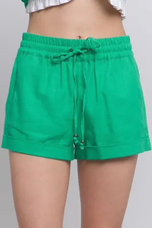 Linen Mid Rise Smocked Drawstring Shorts