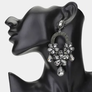 Long Black Diamond Flower Teardrop Chandelier Pageant Earrings | Large Crystal Earrings |  648869