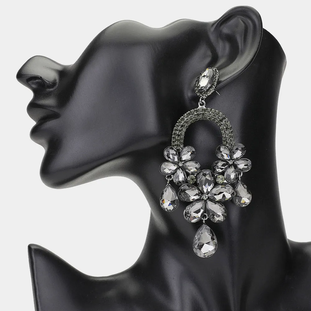 Long Black Diamond Flower Teardrop Chandelier Pageant Earrings | Large Crystal Earrings |  648869
