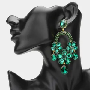Long Emerald Flower Teardrop Chandelier Pageant Earrings | Large Crystal Earrings |  644913