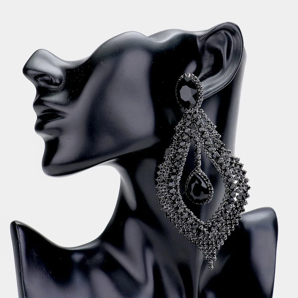 Long Jet Black Crystal Chandelier Pageant Earrings | 448590