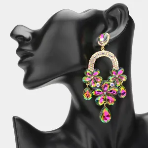 Long Multi-Color Flower Teardrop Chandelier Pageant Earrings | Large Crystal Earrings |  644914