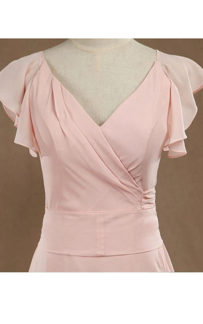 Long Simple V Neck Blush Bridesmaid Dress-ET_329063