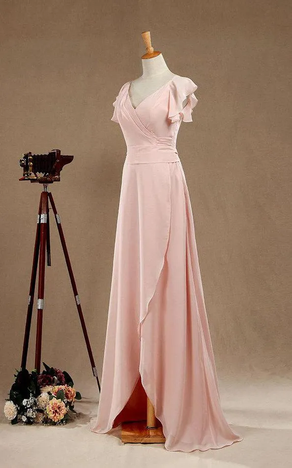 Long Simple V Neck Blush Bridesmaid Dress-ET_329063