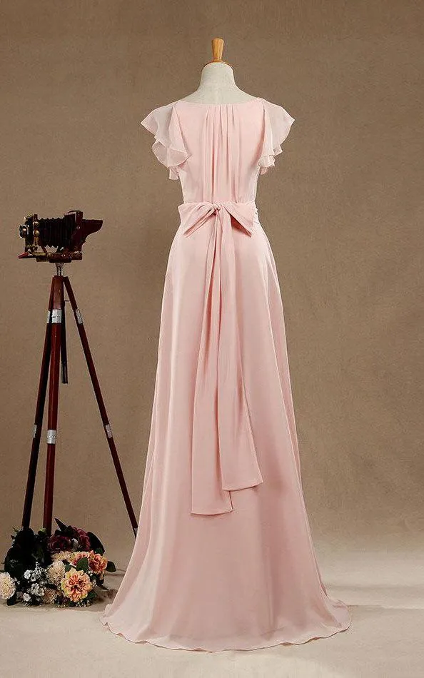 Long Simple V Neck Blush Bridesmaid Dress-ET_329063