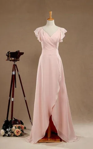 Long Simple V Neck Blush Bridesmaid Dress-ET_329063