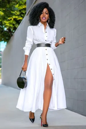Long Sleeve Button Up Slit Daily Maxi Shirt Dresses-White [Pre Order]