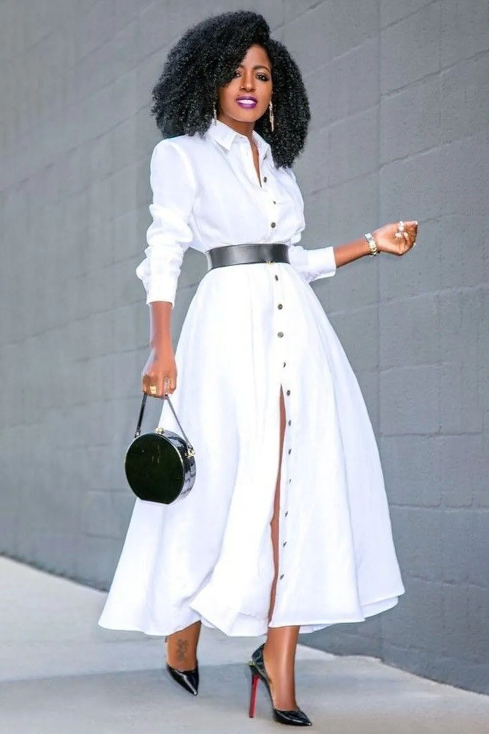 Long Sleeve Button Up Slit Daily Maxi Shirt Dresses-White [Pre Order]