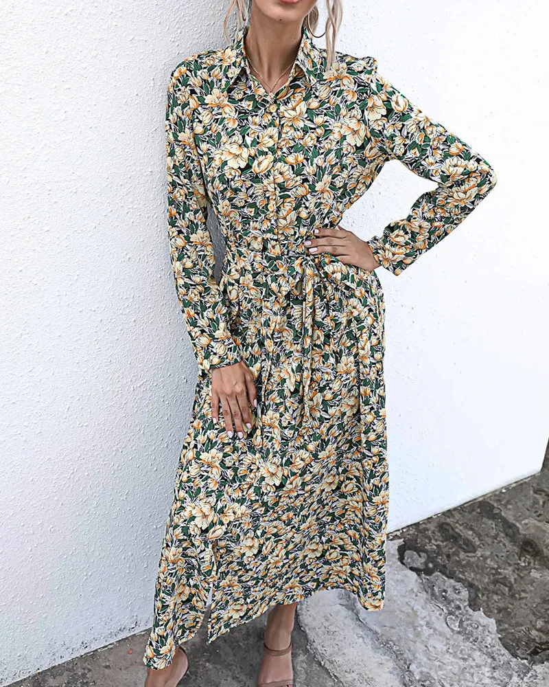 Long Sleeve Floral Print Lapel Shirt Midi Maxi Dress