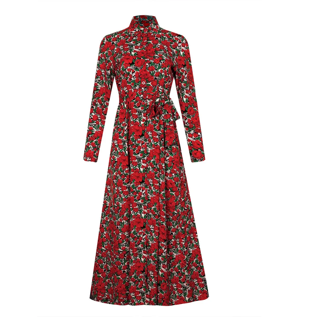 Long Sleeve Floral Print Lapel Shirt Midi Maxi Dress