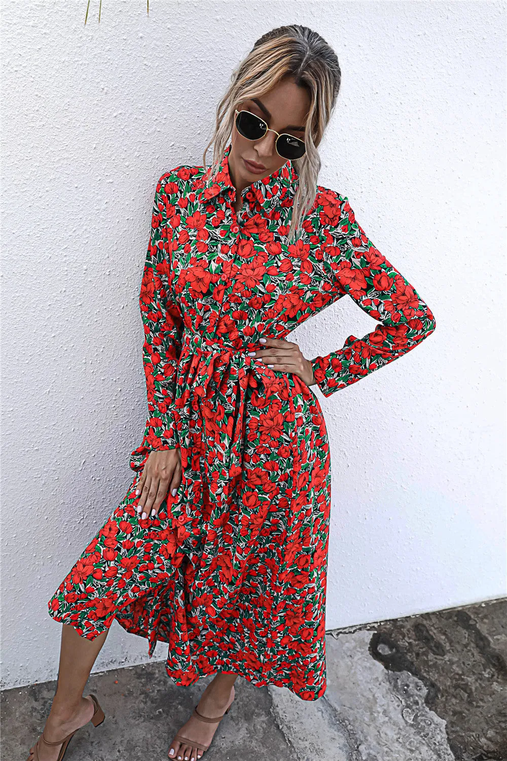 Long Sleeve Floral Print Lapel Shirt Midi Maxi Dress