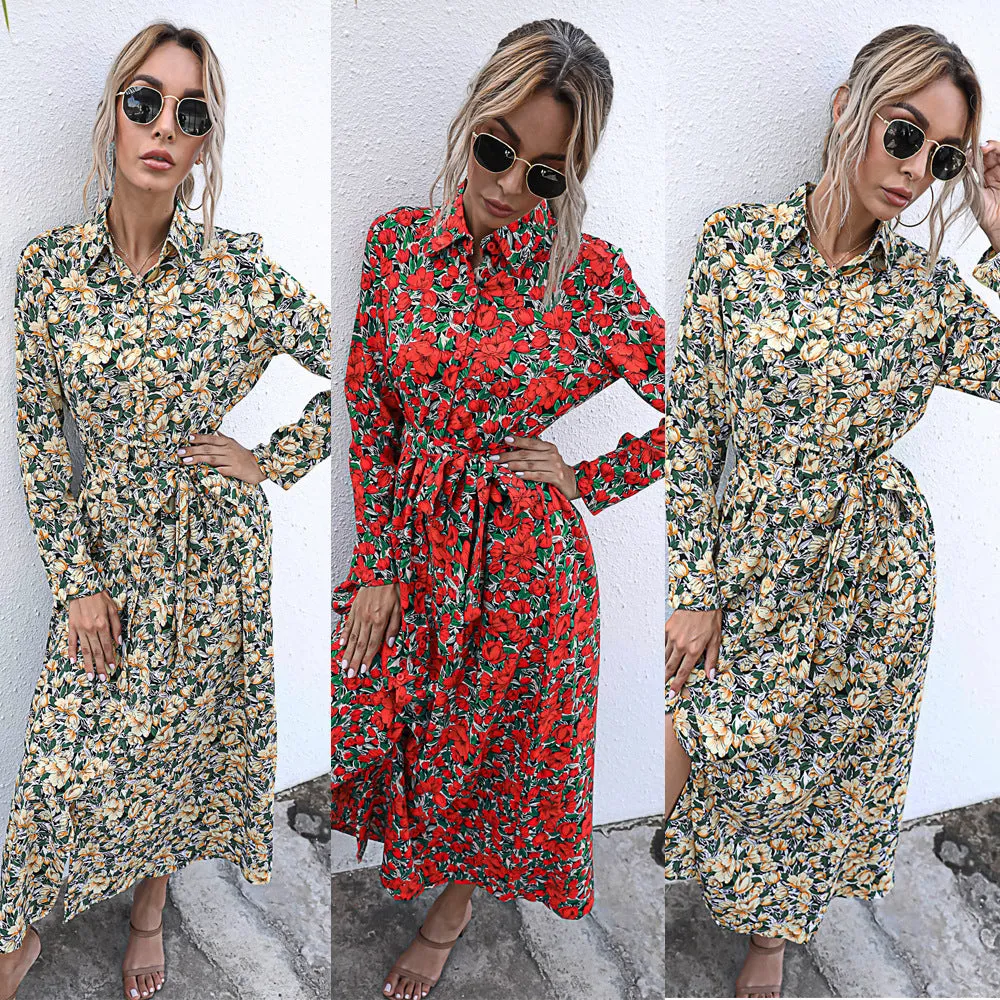 Long Sleeve Floral Print Lapel Shirt Midi Maxi Dress