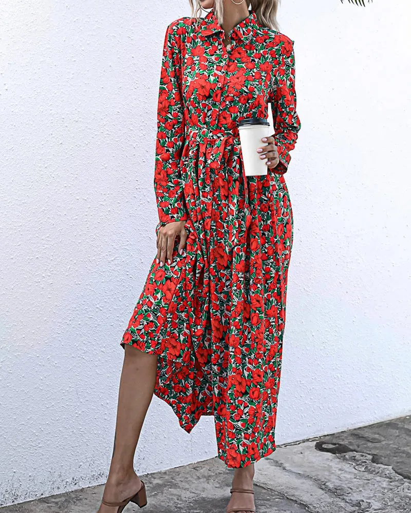 Long Sleeve Floral Print Lapel Shirt Midi Maxi Dress