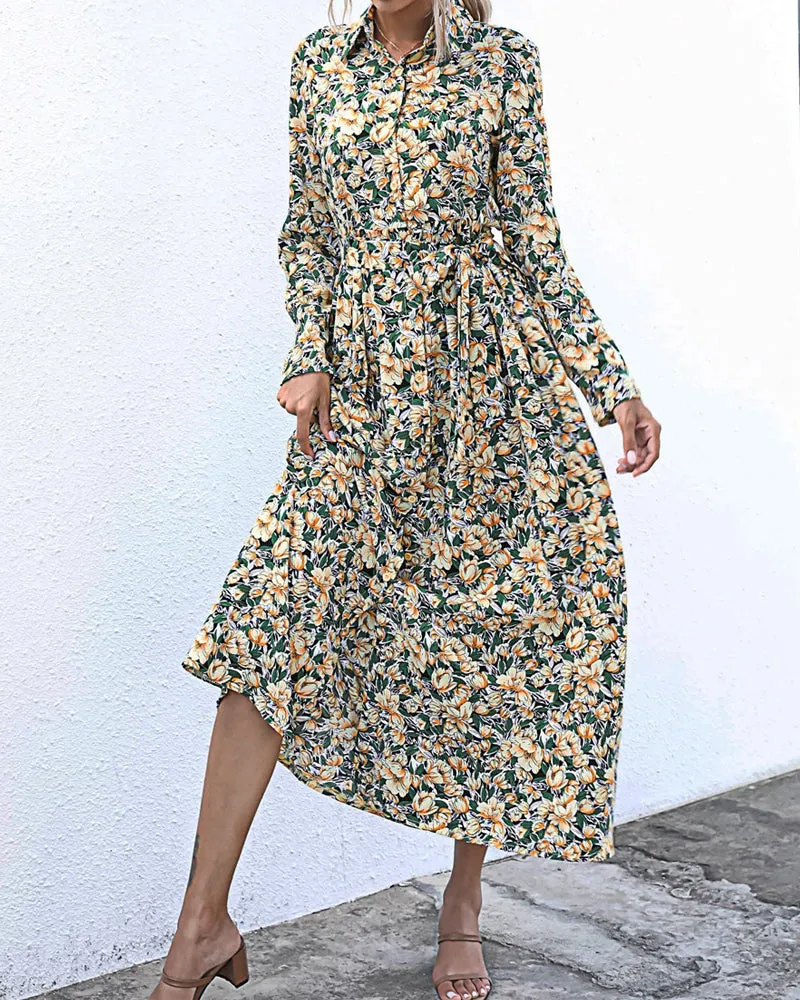 Long Sleeve Floral Print Lapel Shirt Midi Maxi Dress